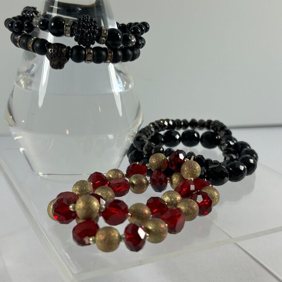 Lot 6 Stretch Bracelets Black Red Gold Beaded Layering Stacking Rhinestones - Picture 10 of 10